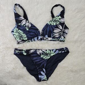 Roxy navy and mint leaf print bikini underwire tropical